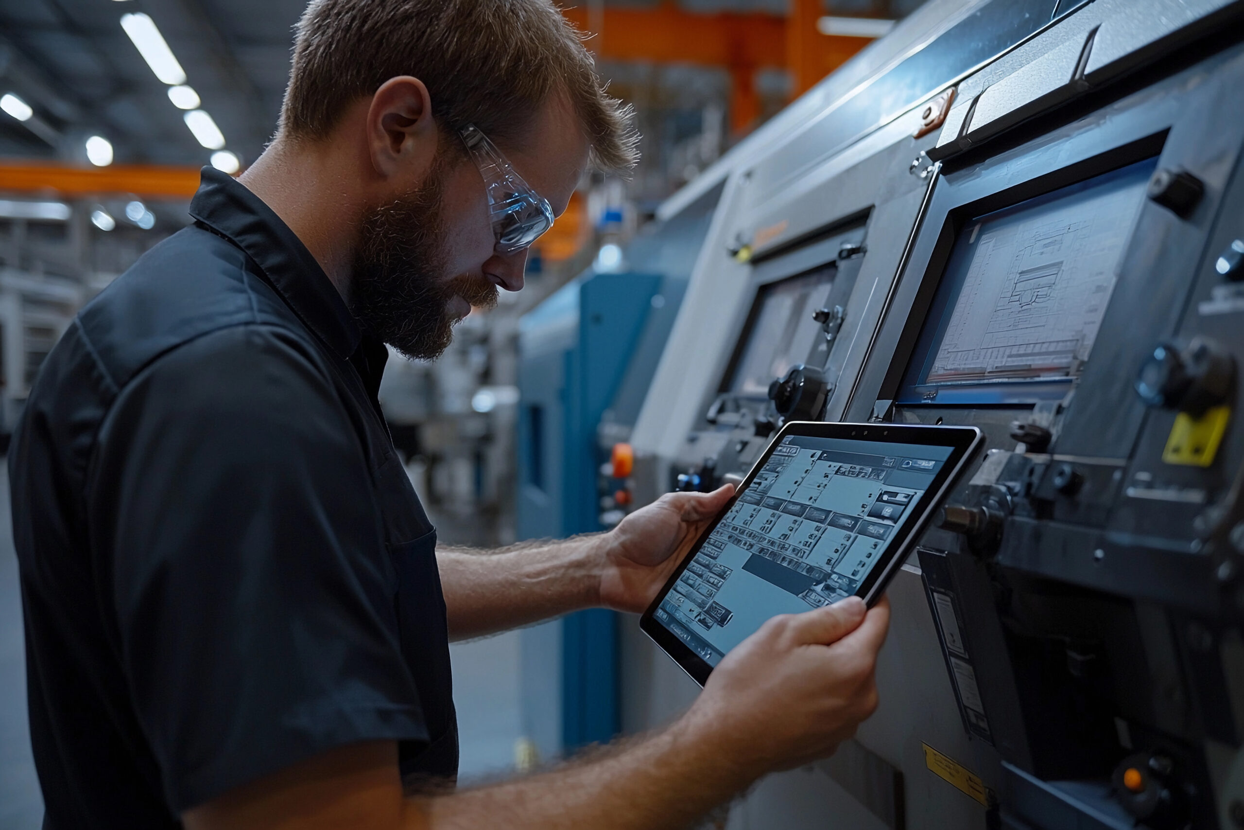 Technik kontroluje průmyslový stroj pomocí tabletu ve výrobní hale